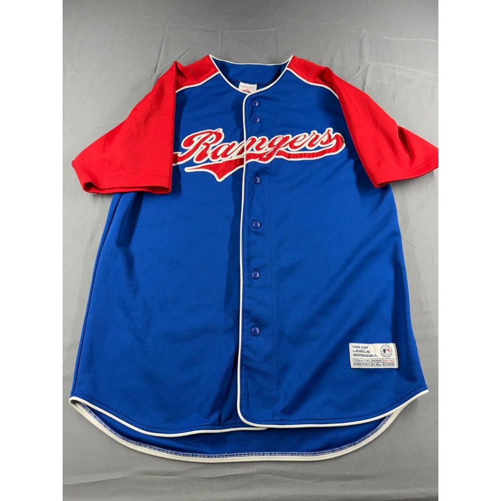 Texas Rangers MLB True Fan Jersey Mens M Blue Red Baseball Button Up Embroidered